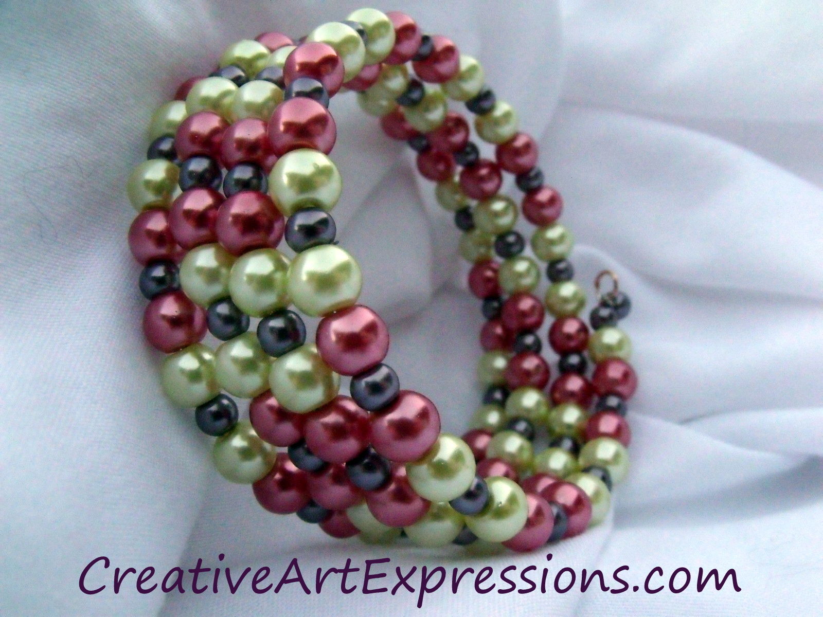 Creative Art Expressions Handmade Pink Green & Purple Glass Pearl Memory Wire Bracelet Jewelry Design